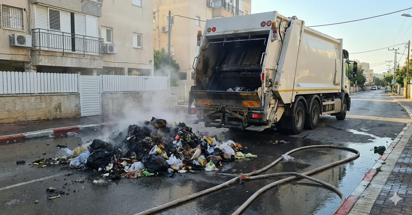 בגלל סוללת אופניים: משאית אשפה עלתה באש בלב העיר